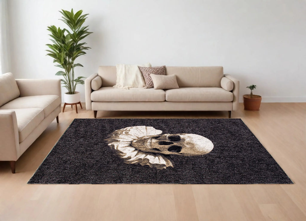 9' X 13' Black and White Funky Skull Non Skid Area Rug
