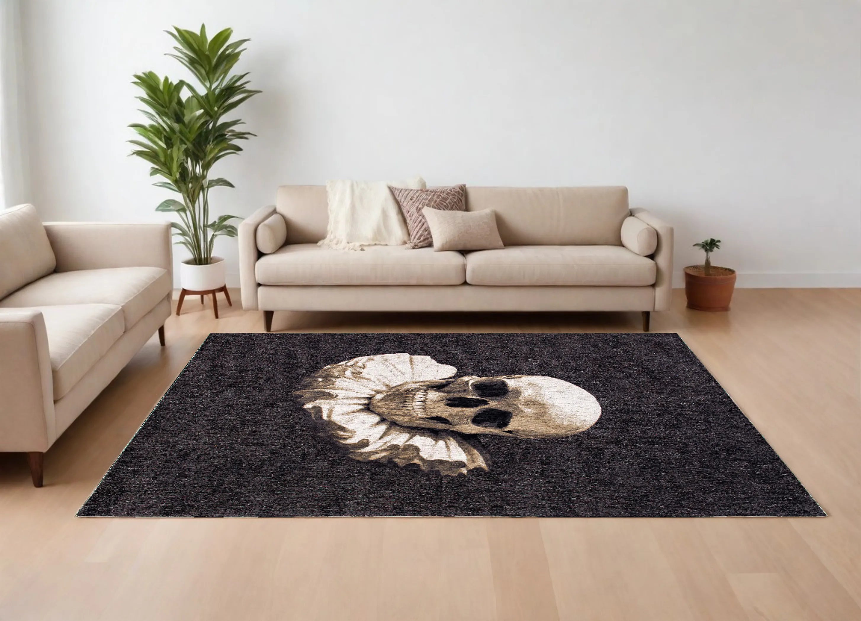 9' X 13' Black and White Funky Skull Non Skid Area Rug