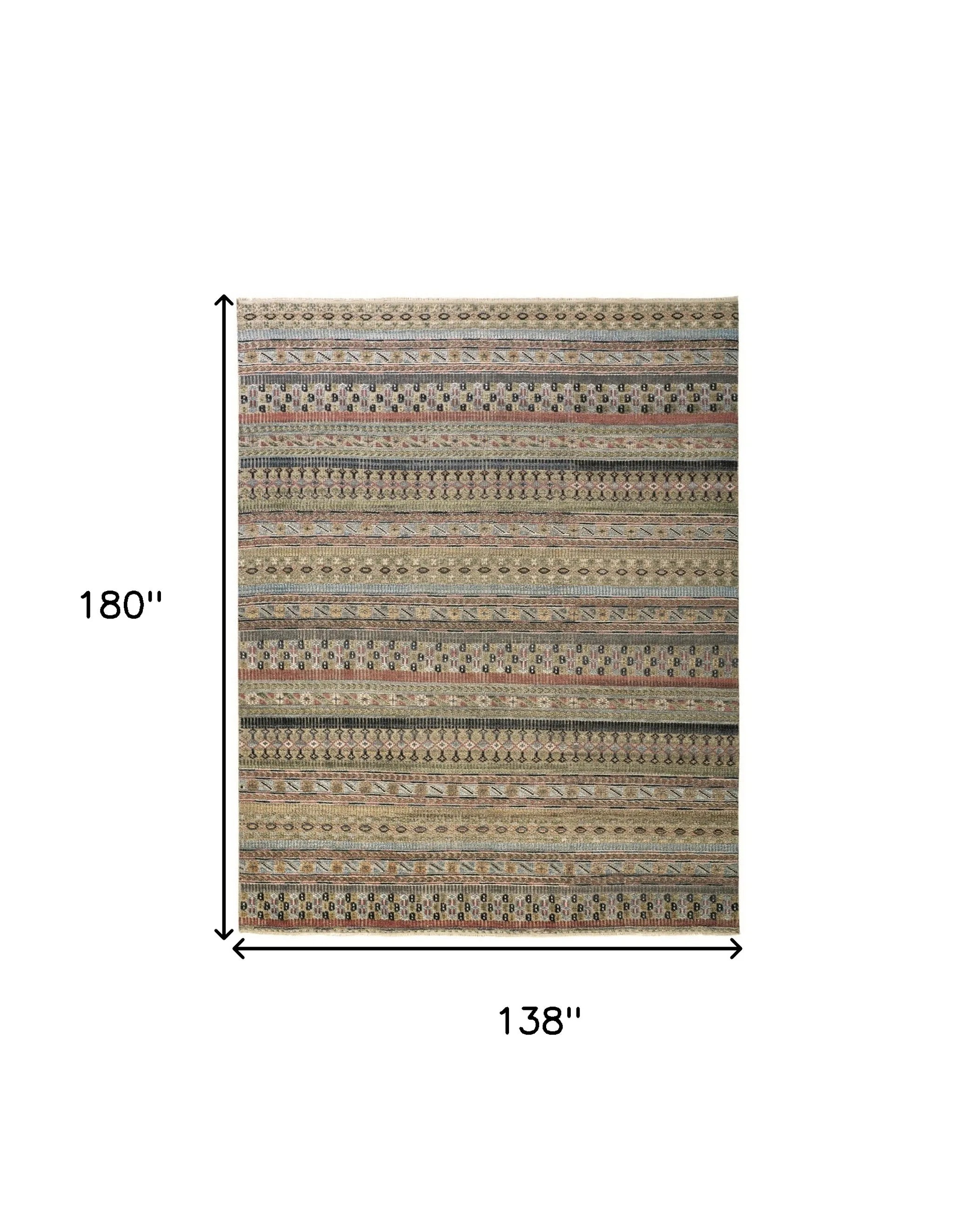 12' X 15' Tan Blue and Orange Striped Hand Knotted Area Rug