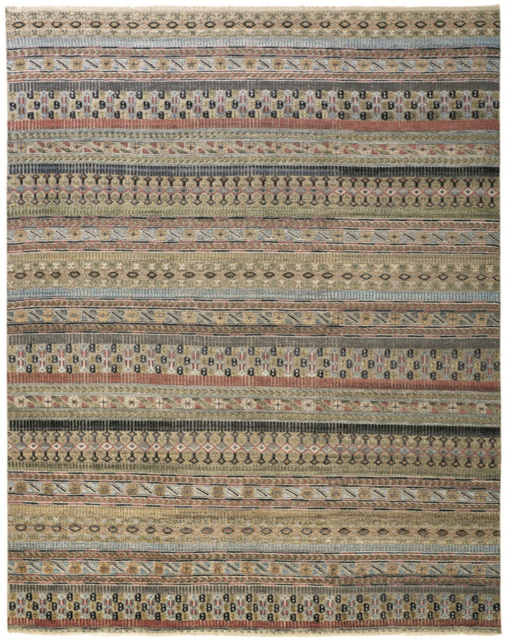 12' X 15' Tan Blue and Orange Striped Hand Knotted Area Rug