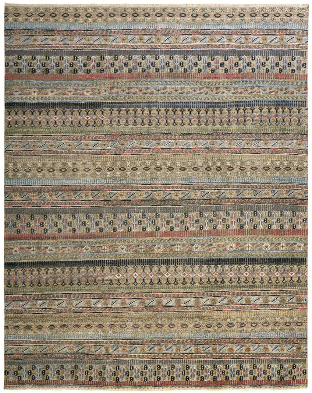 12' X 15' Tan Blue and Orange Striped Hand Knotted Area Rug