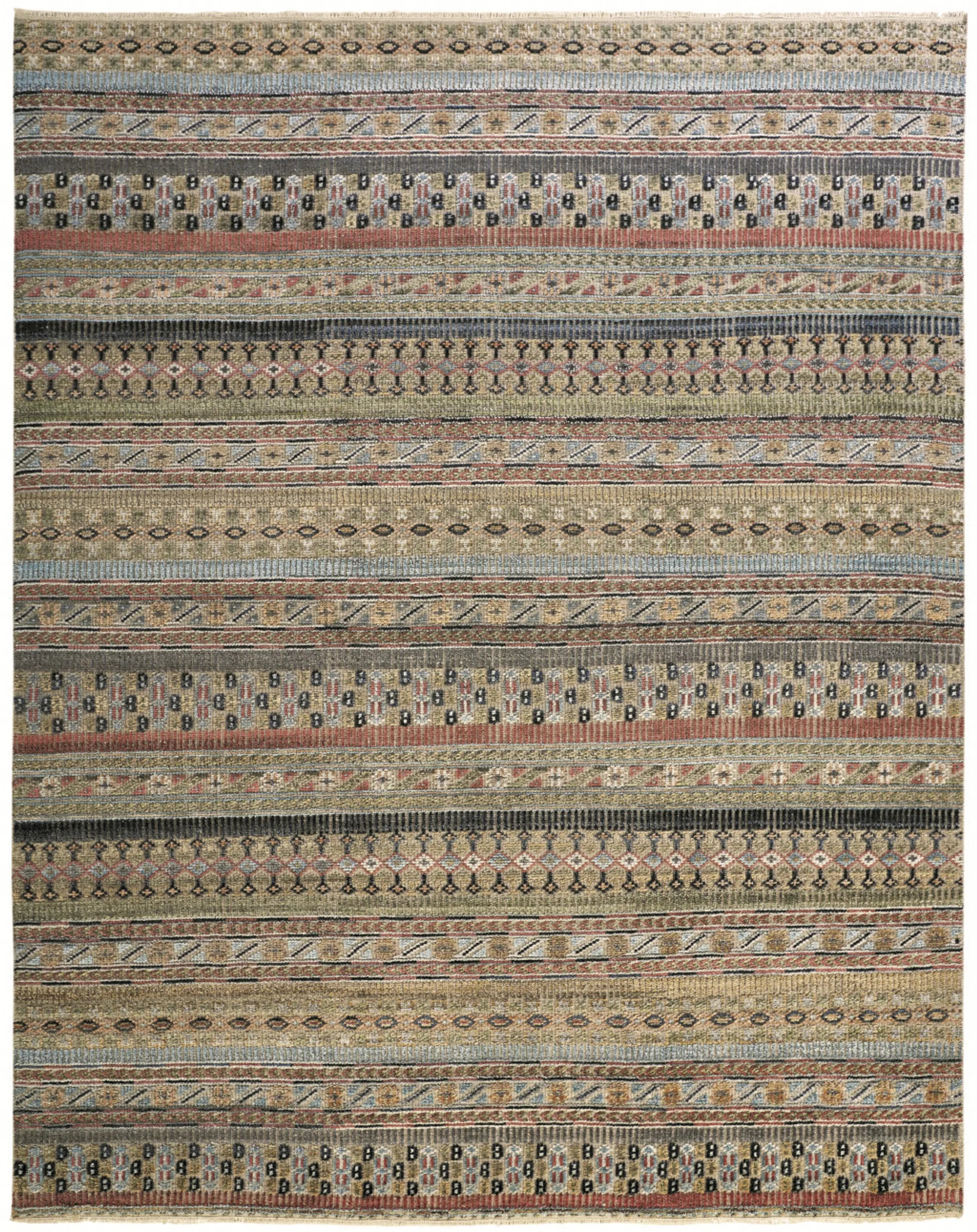 12' X 15' Tan Blue and Orange Striped Hand Knotted Area Rug