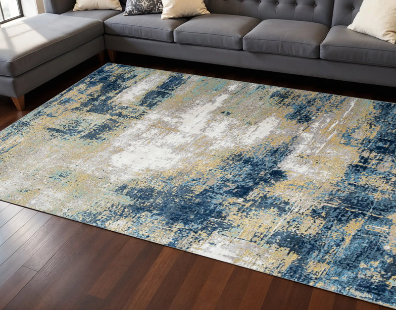 8 by 10 Blue Ivory and Gold Abstract Hand Knotted Area Rug from Hank Home Decor