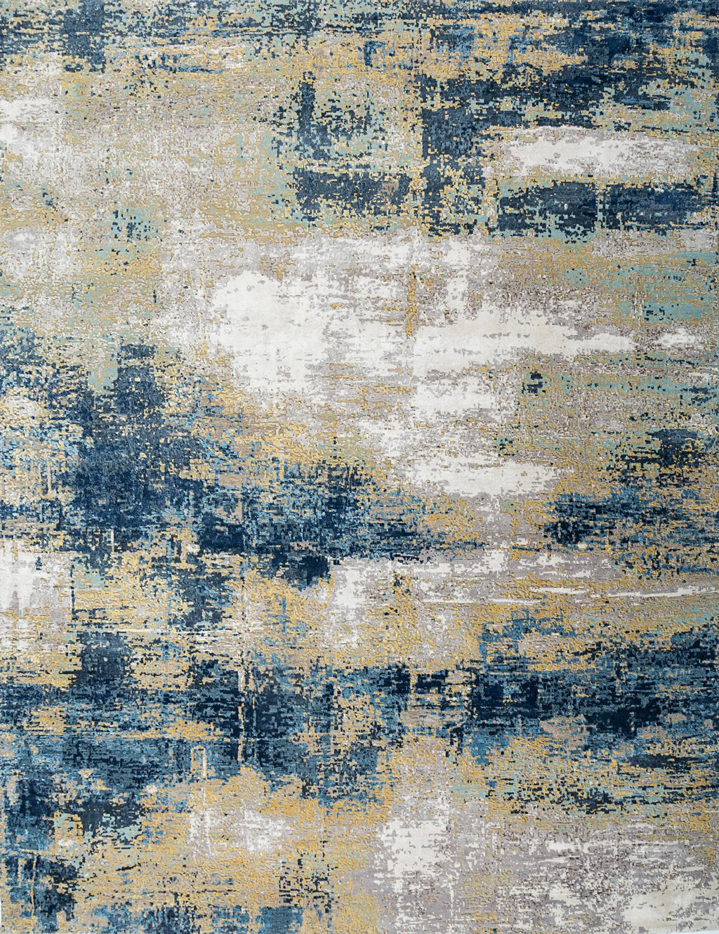 8' X 10' Blue Ivory and Gold Abstract Hand Knotted Area Rug