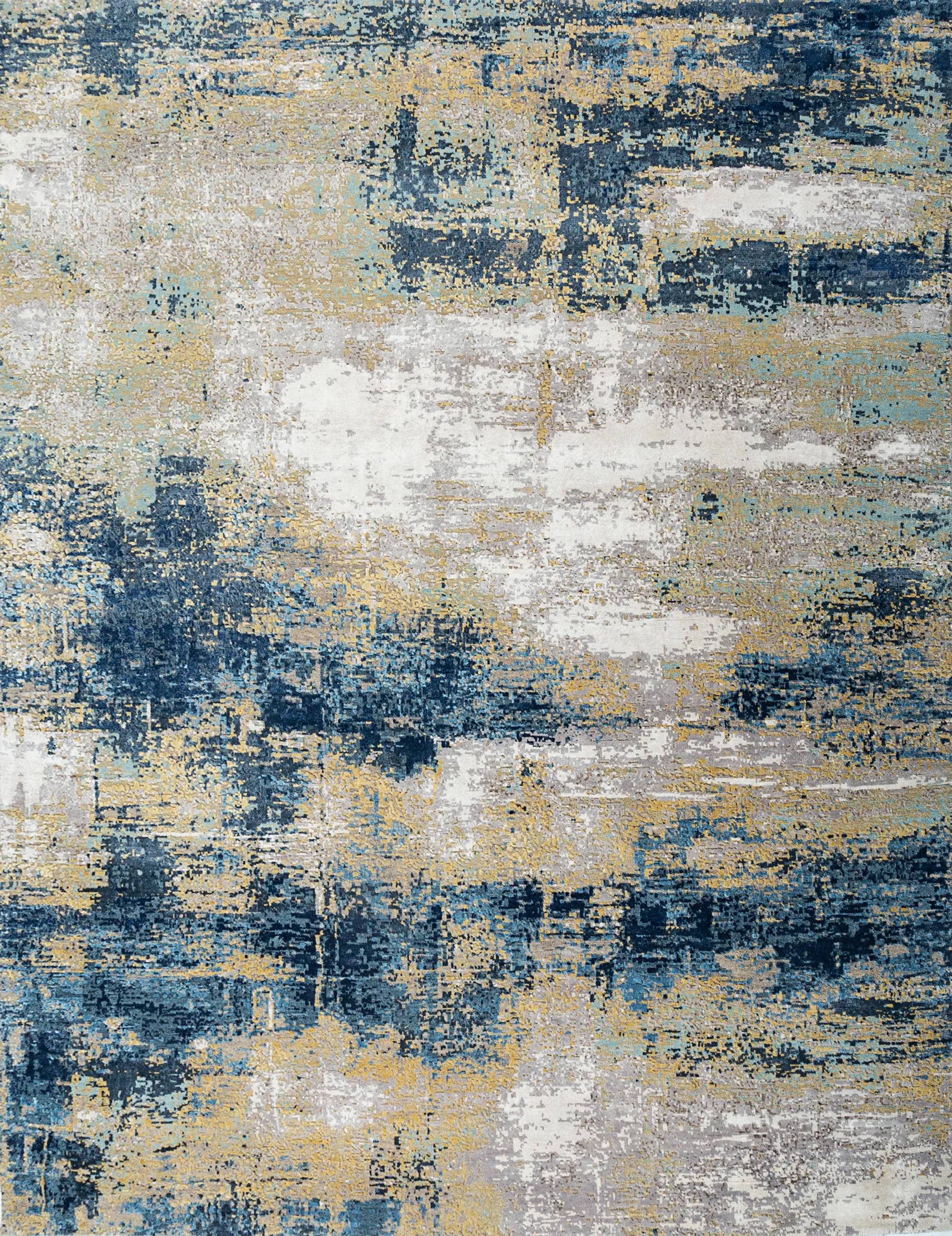 8' X 10' Blue Ivory and Gold Abstract Hand Knotted Area Rug