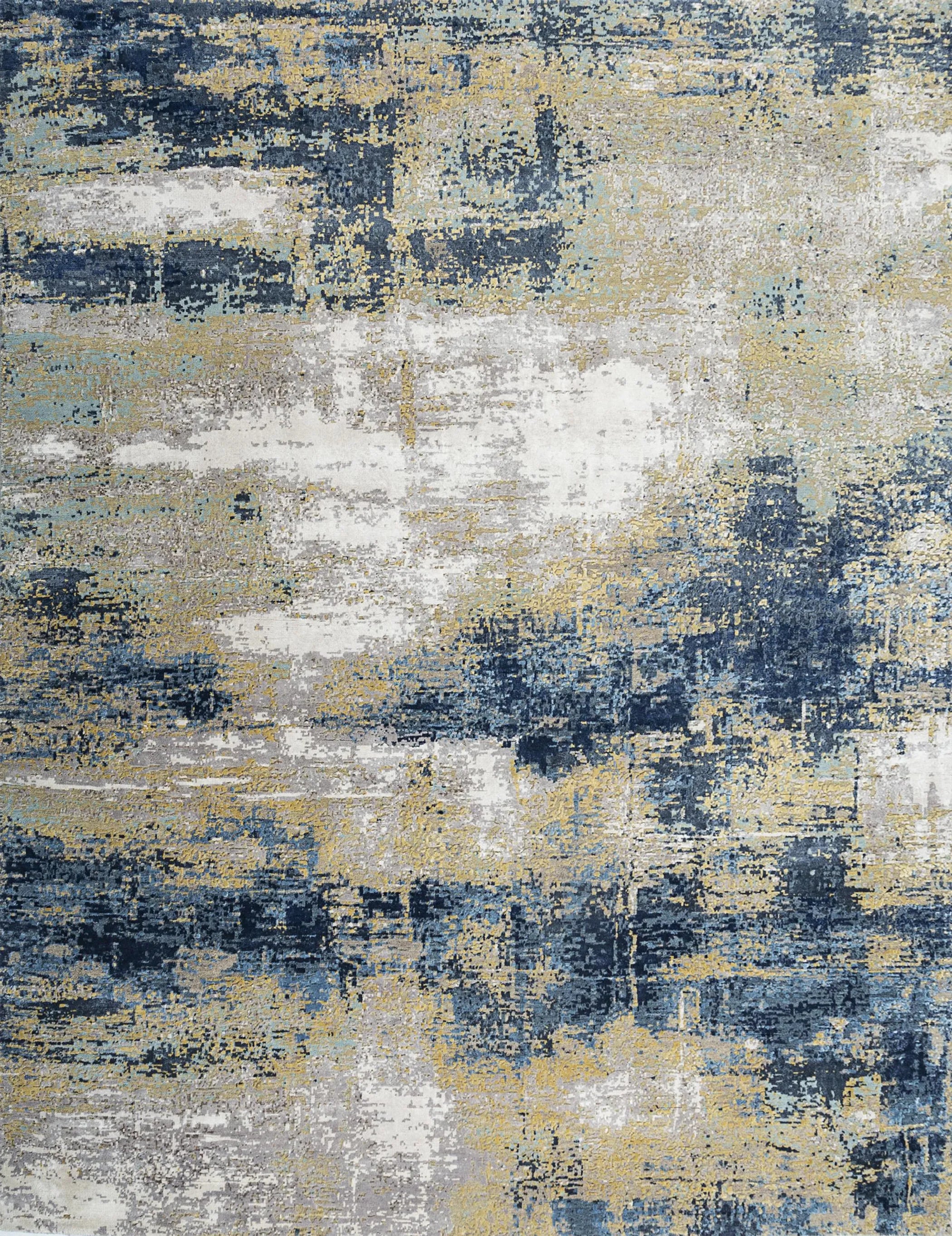 8' X 10' Blue Ivory and Gold Abstract Hand Knotted Area Rug