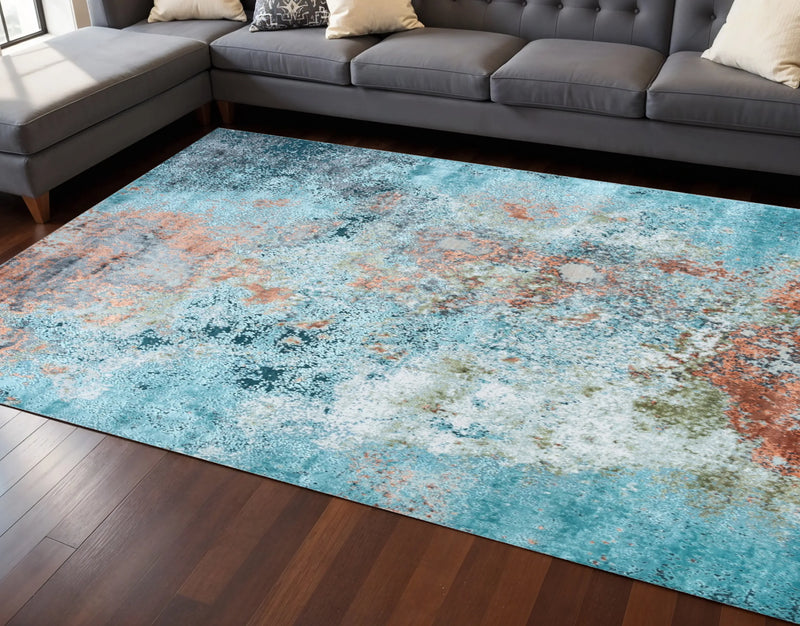 8 by 10 Aqua Blue and Bronze Abstract Hand Knotted Area Rug from Hank Home Decor