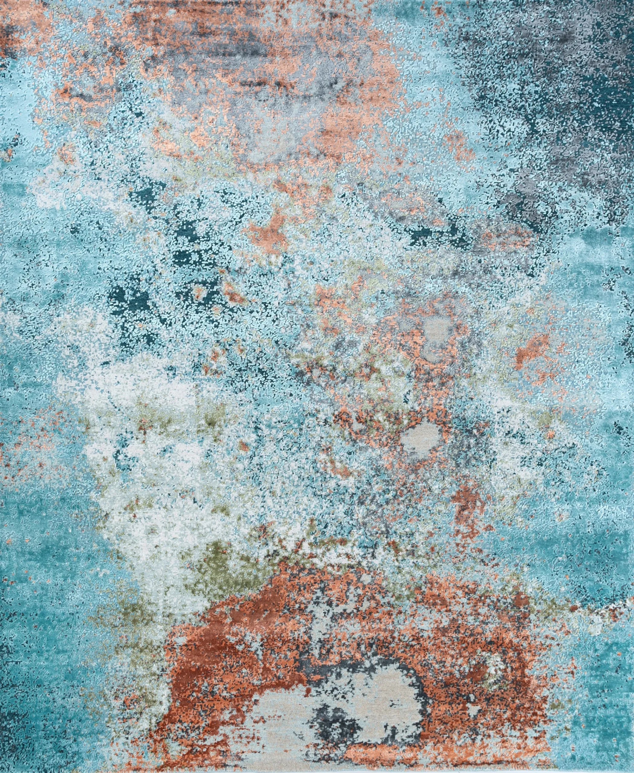 8' X 10' Aqua Blue and Bronze Abstract Hand Knotted Area Rug