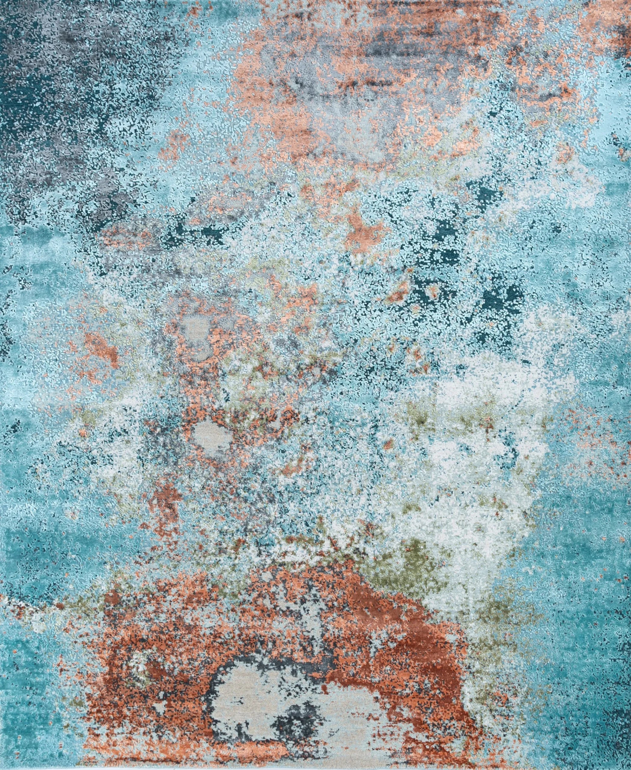 8' X 10' Aqua Blue and Bronze Abstract Hand Knotted Area Rug
