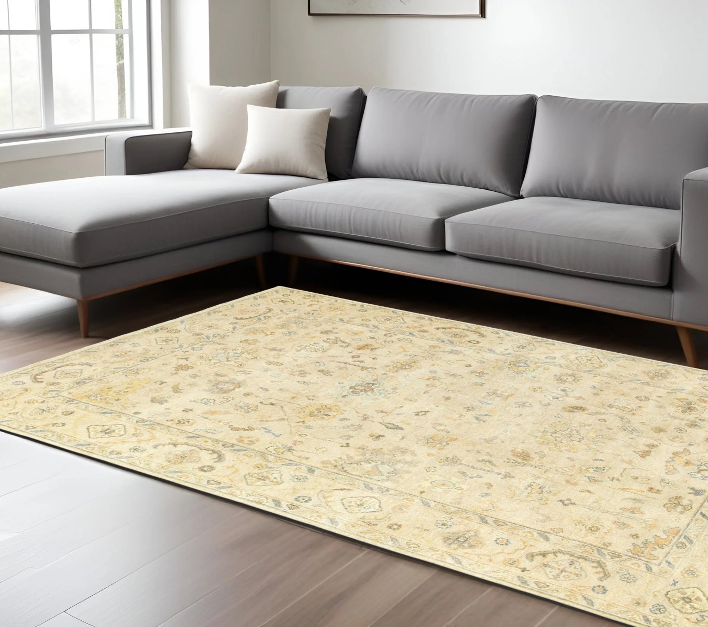 9' X 12' Beige And Gray Wool Oriental Hand Knotted Area Rug
