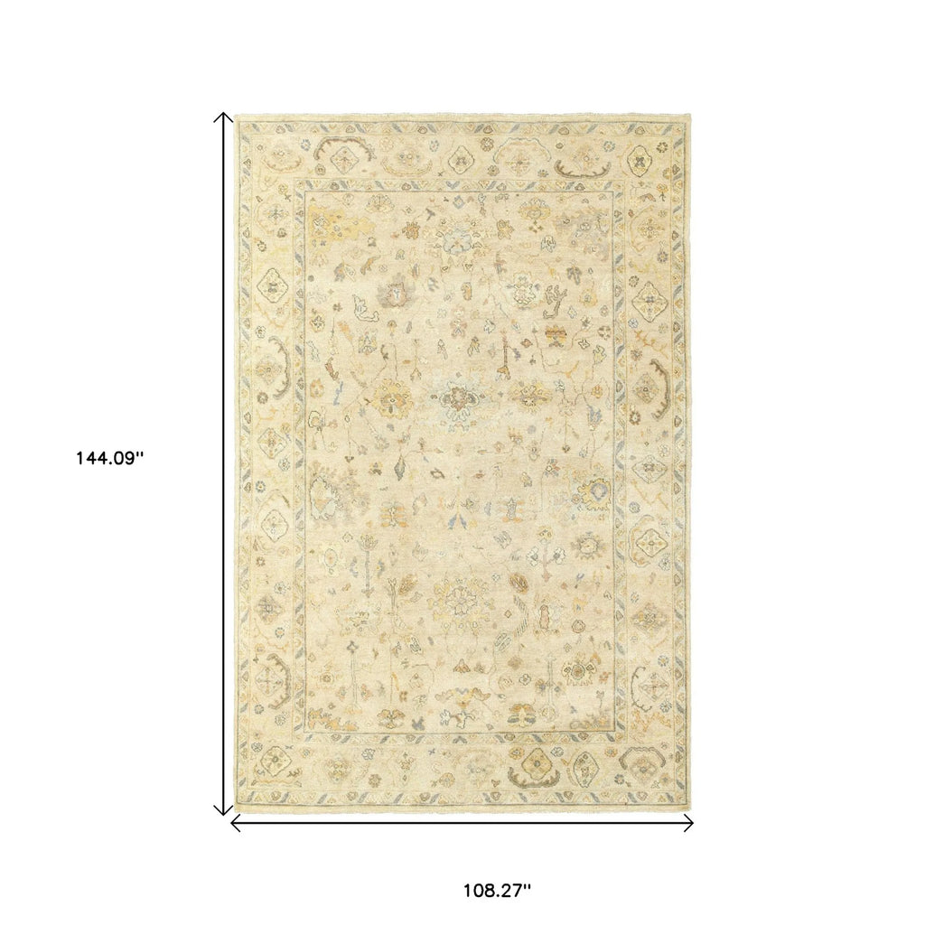 9' X 12' Beige And Gray Wool Oriental Hand Knotted Area Rug