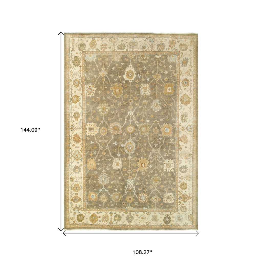 9' X 12' Brown And Beige Wool Oriental Hand Knotted Area Rug