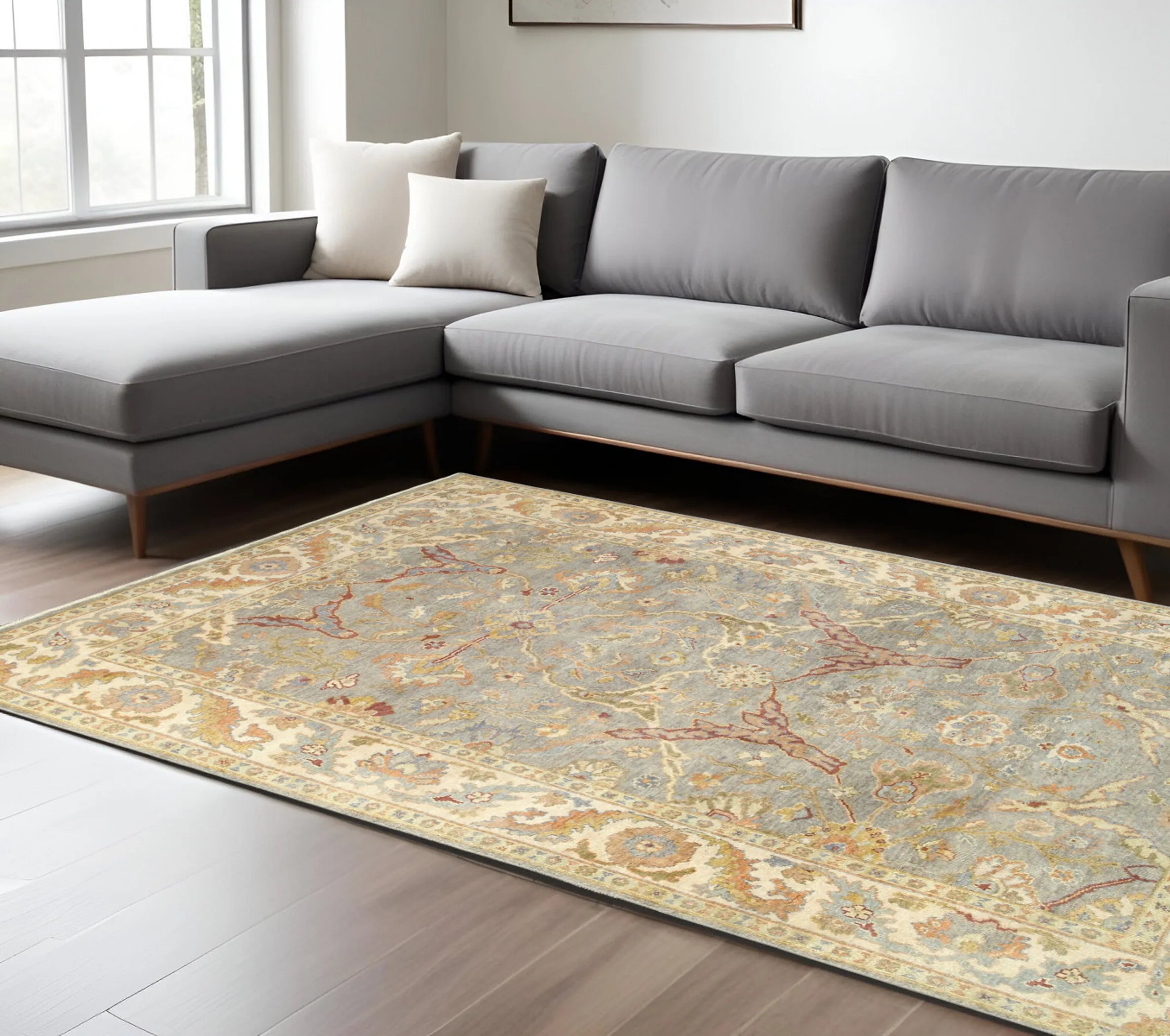 9' X 12' Gray And Beige Wool Oriental Hand Knotted Area Rug