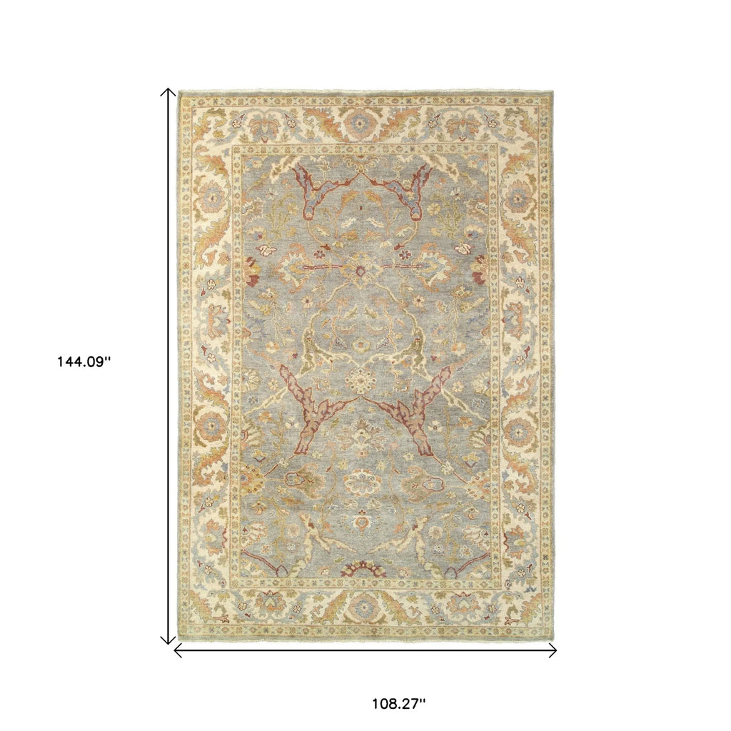 9' X 12' Gray And Beige Wool Oriental Hand Knotted Area Rug