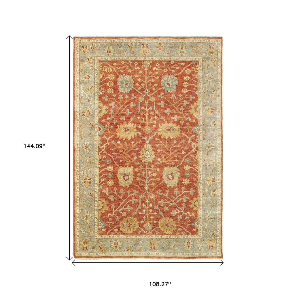 9' X 12' Red And Gray Wool Oriental Hand Knotted Area Rug