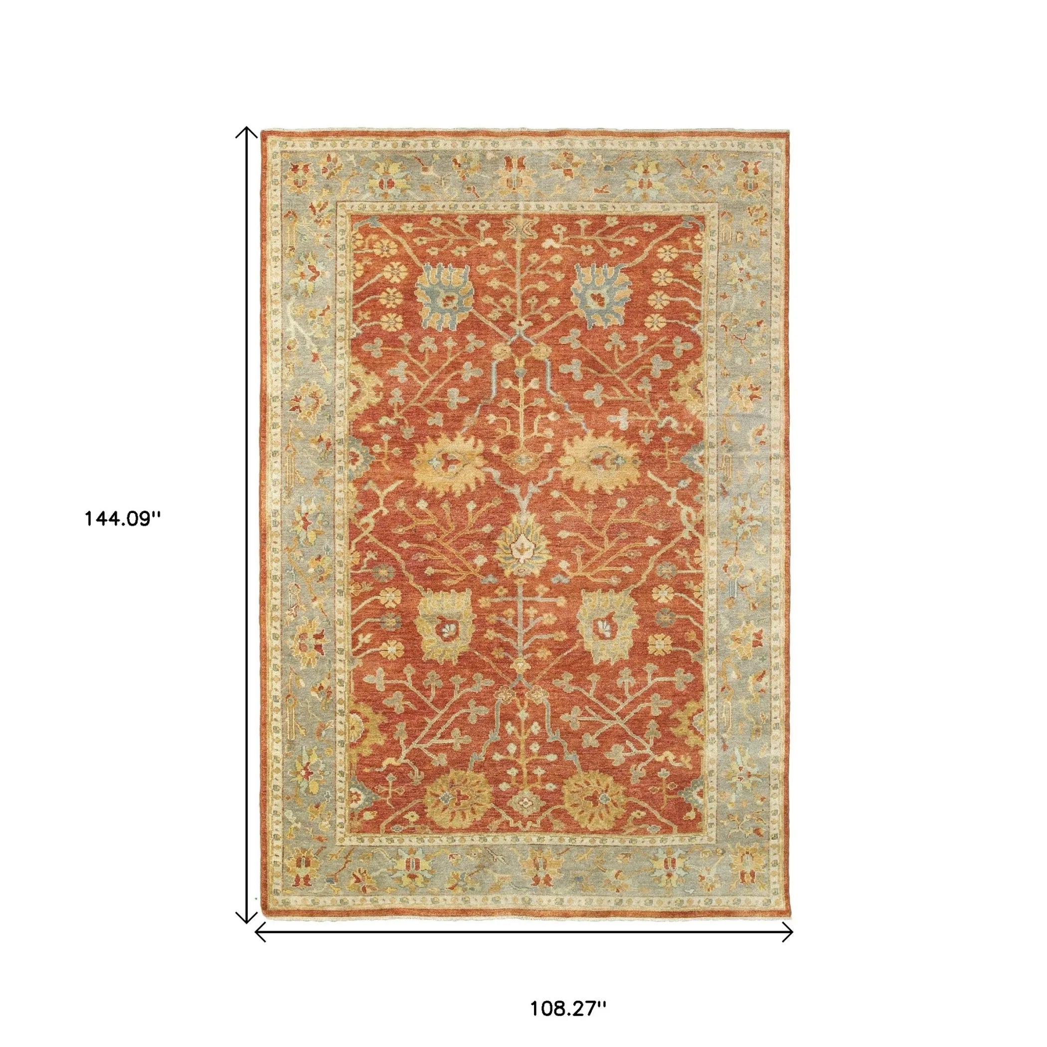 9' X 12' Red And Gray Wool Oriental Hand Knotted Area Rug