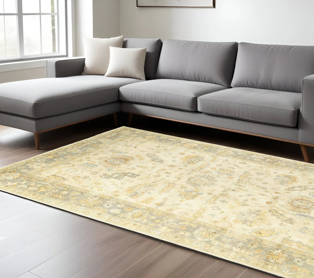 9' X 12' Beige And Gray Wool Oriental Hand Knotted Area Rug