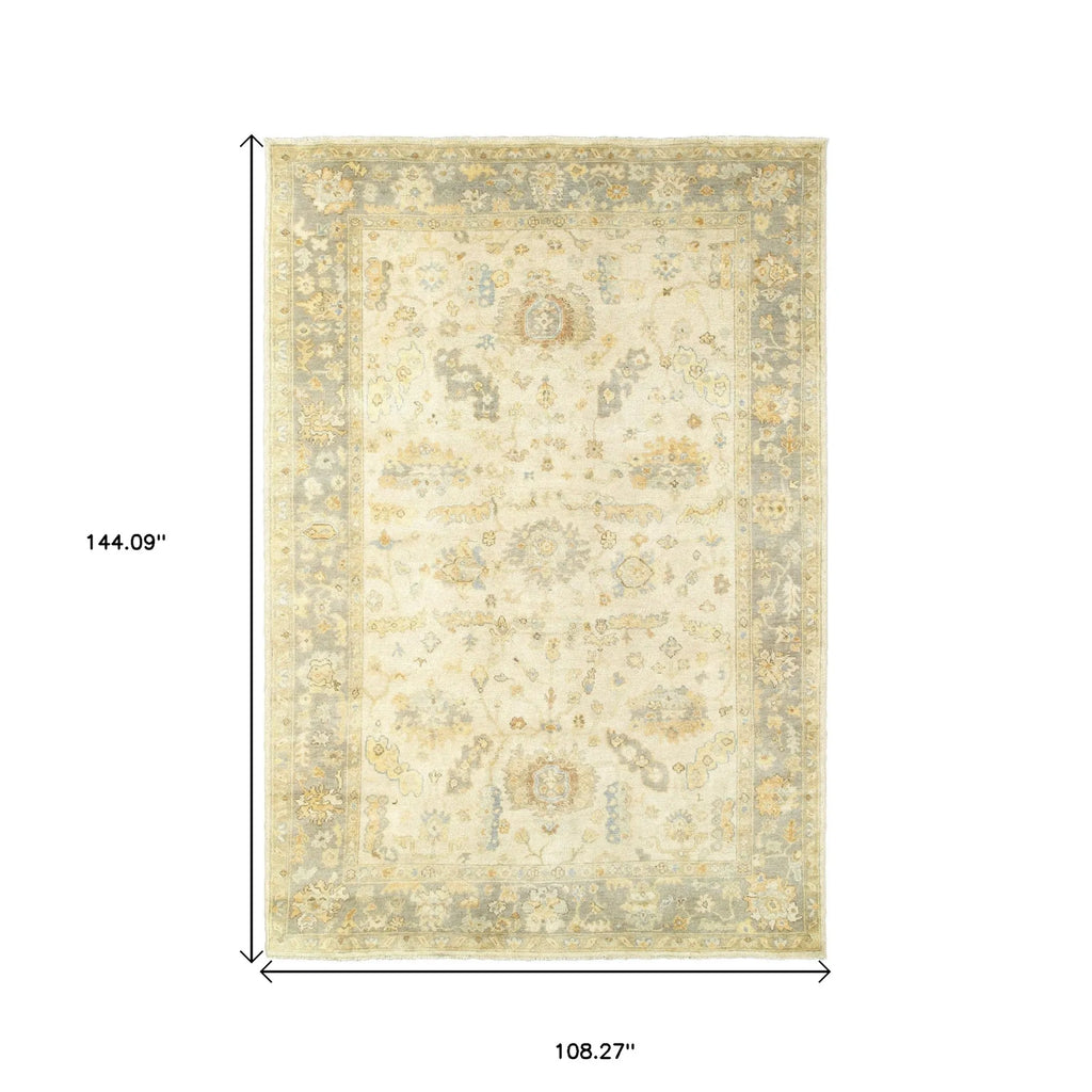 9' X 12' Beige And Gray Wool Oriental Hand Knotted Area Rug
