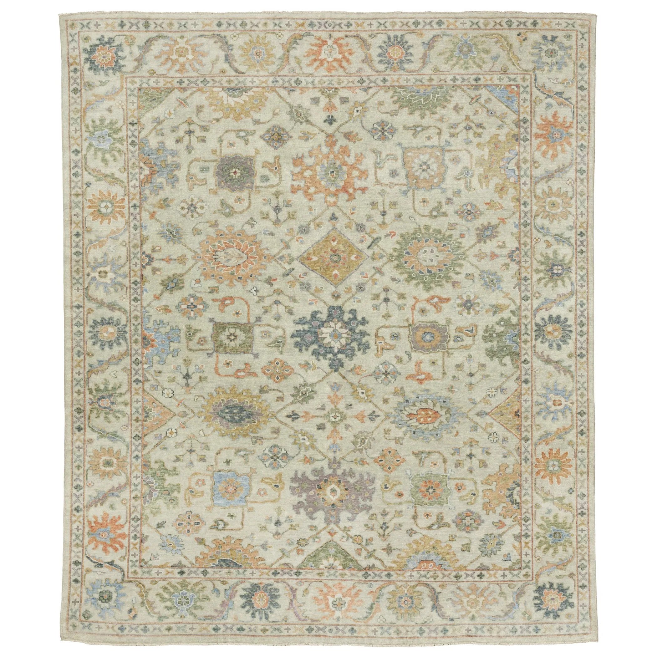 9' X 12' Beige And Green Wool Oriental Hand Knotted Area Rug With Fringe