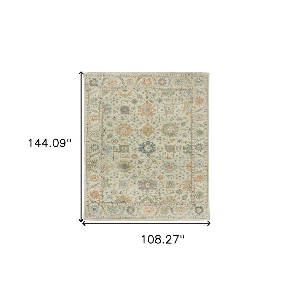 9' X 12' Beige And Green Wool Oriental Hand Knotted Area Rug With Fringe