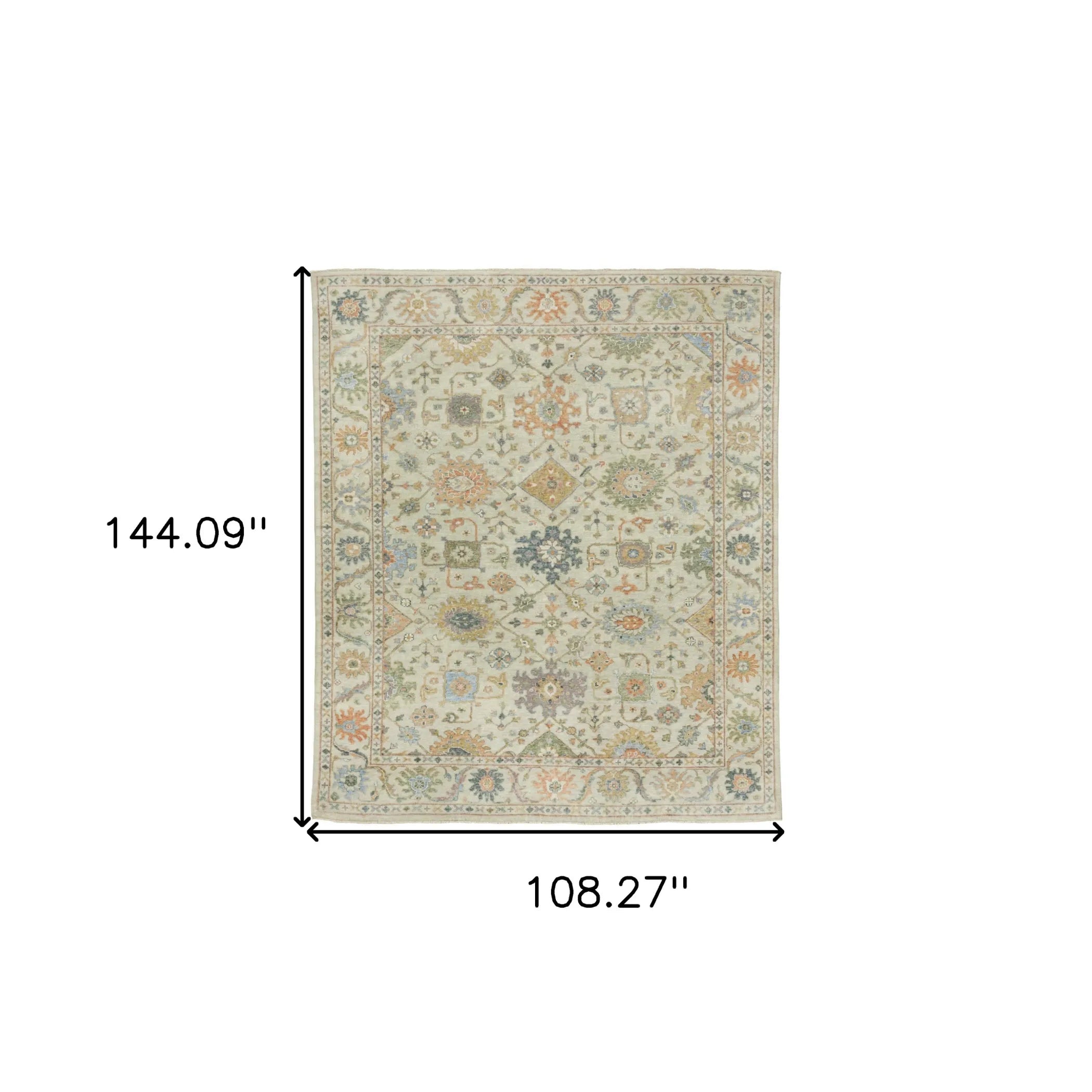 9' X 12' Beige And Green Wool Oriental Hand Knotted Area Rug With Fringe