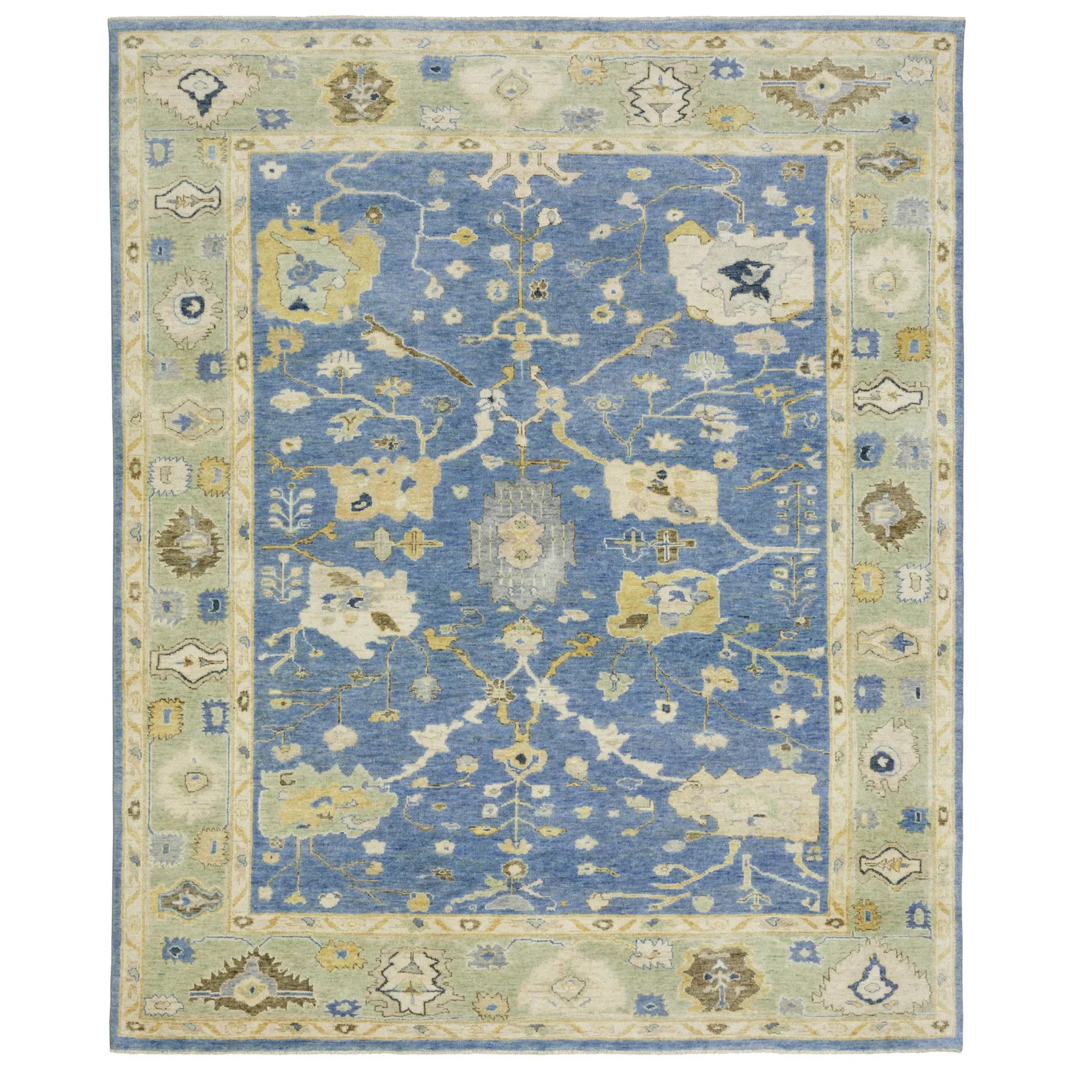 9' X 12' Blue And Green Wool Oriental Hand Knotted Area Rug With Fringe