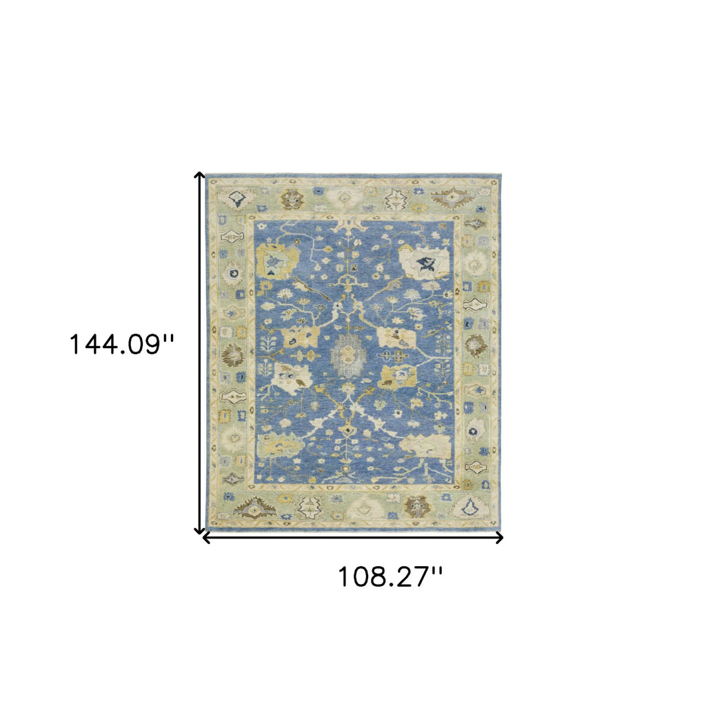 9' X 12' Blue And Green Wool Oriental Hand Knotted Area Rug With Fringe