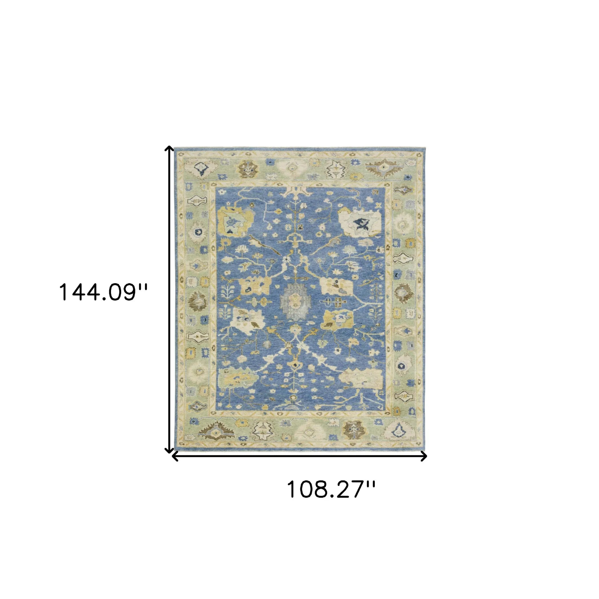 9' X 12' Blue And Green Wool Oriental Hand Knotted Area Rug With Fringe