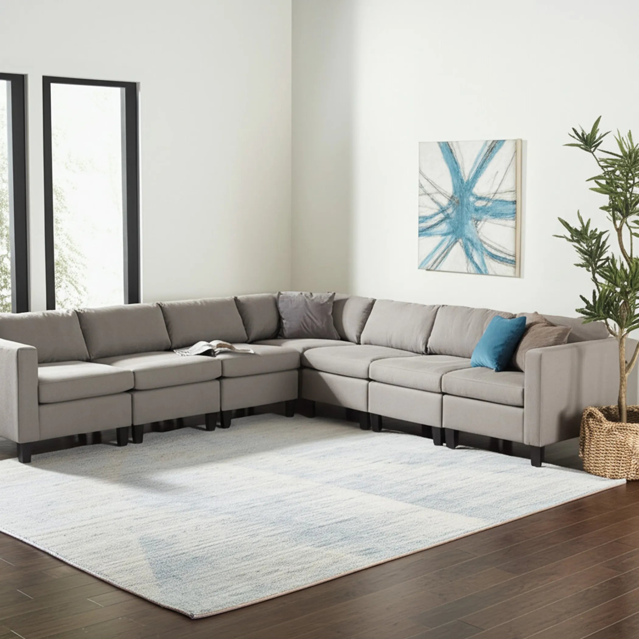 8' X 12' Blue Ivory And Silver Abstract Hand Knotted Distressed Area Rug