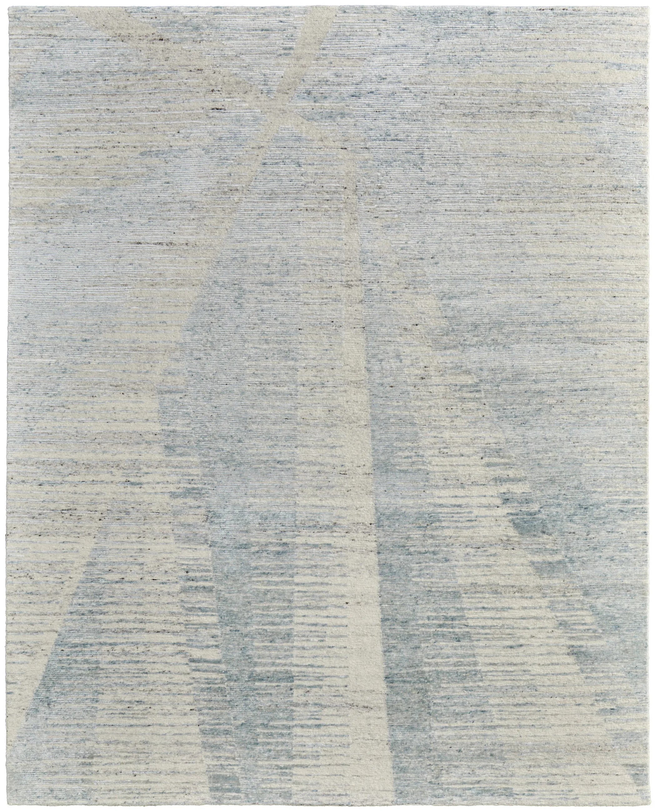 8' X 12' Blue Ivory And Silver Abstract Hand Knotted Distressed Area Rug