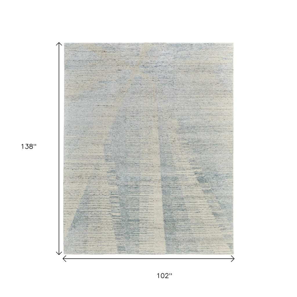8' X 12' Blue Ivory And Silver Abstract Hand Knotted Distressed Area Rug