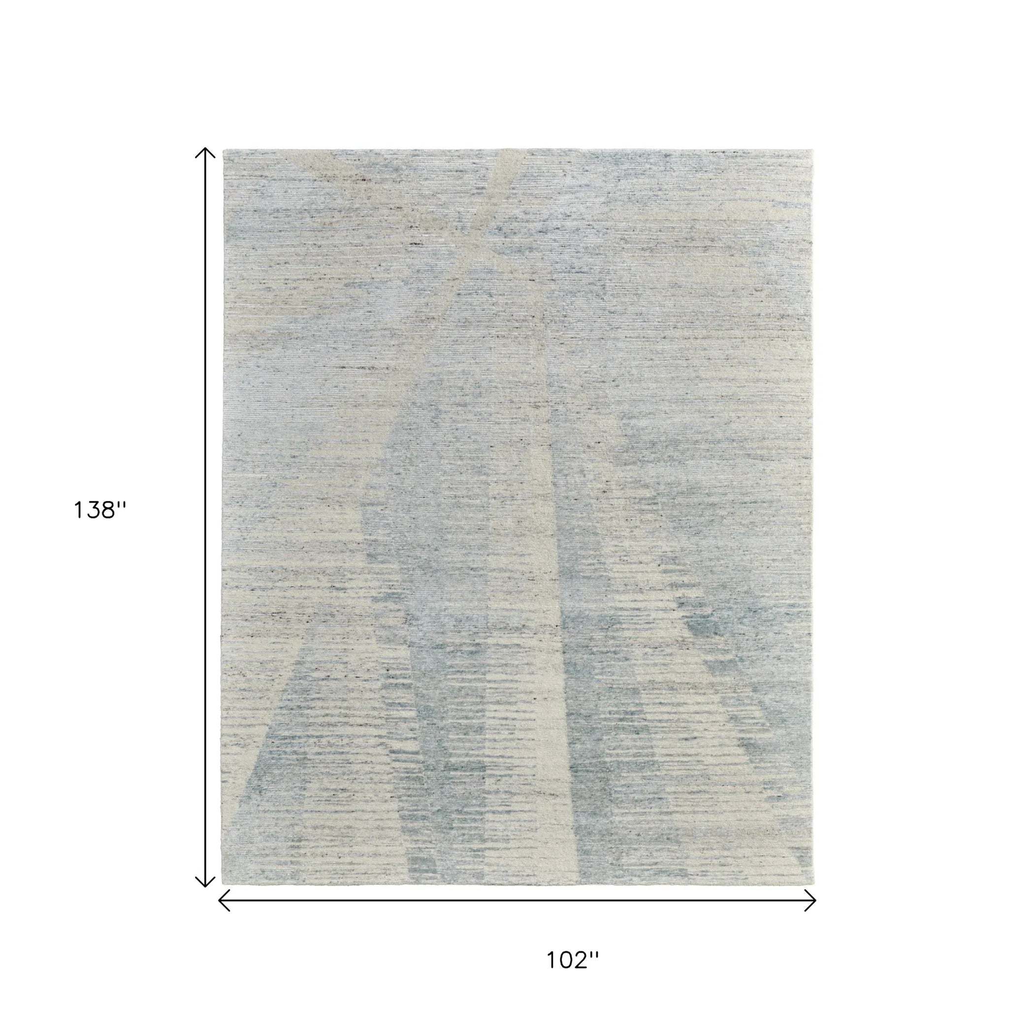 8' X 12' Blue Ivory And Silver Abstract Hand Knotted Distressed Area Rug