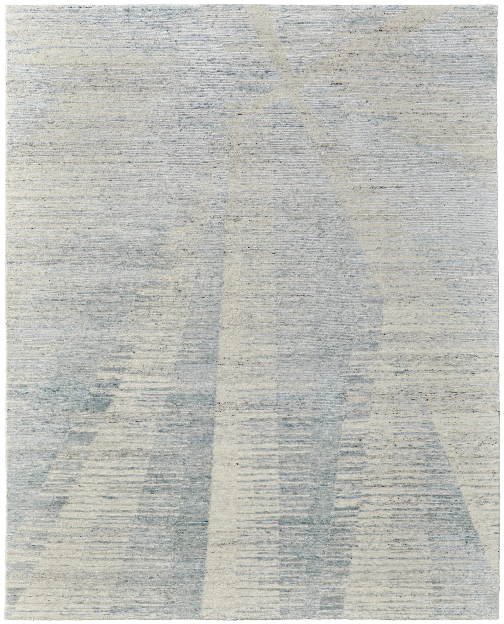 8' X 12' Blue Ivory And Silver Abstract Hand Knotted Distressed Area Rug