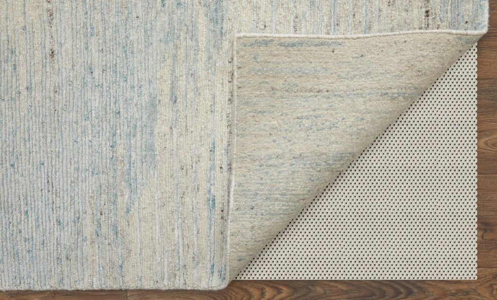 8' X 12' Blue Ivory And Silver Abstract Hand Knotted Distressed Area Rug