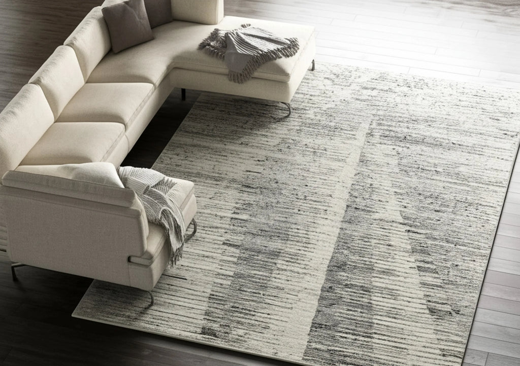 8' X 12' Ivory And Gray Abstract Hand Knotted Distressed Area Rug