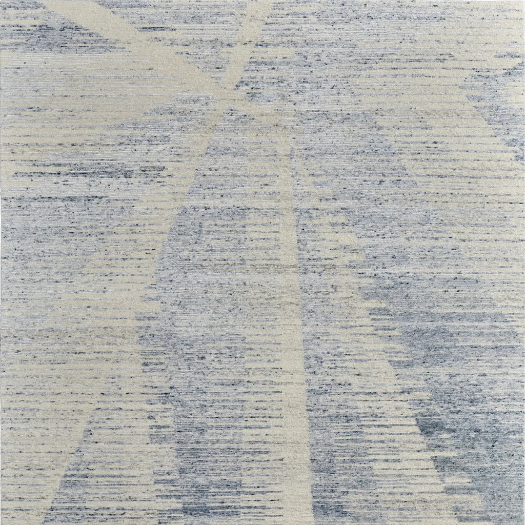 8' X 12' Ivory Blue And Silver Abstract Hand Knotted Distres