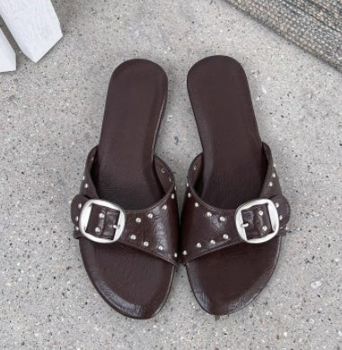 2026 Summer New French Style Buckle Slide Sandals Women Flat Leopard Print Beach Holiday Outdoor Slippers - Hank Home Decor