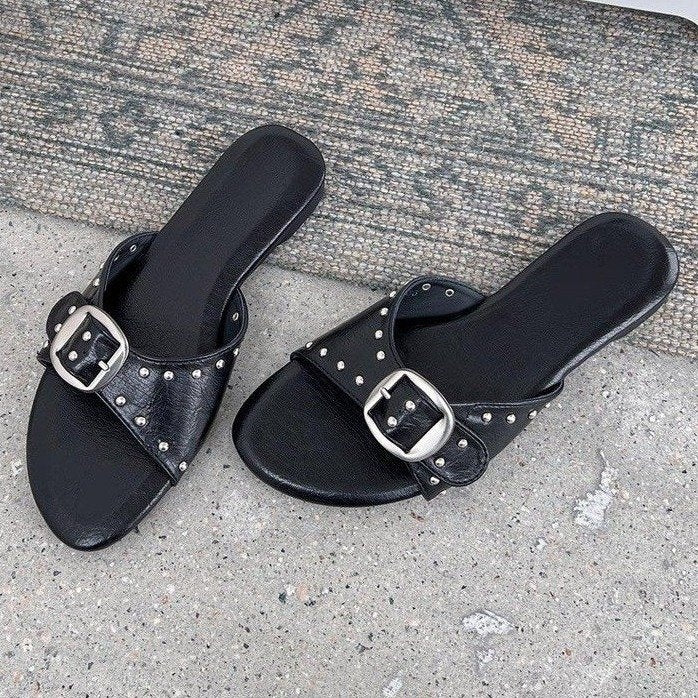 2026 Summer New French Style Buckle Slide Sandals Women Flat Leopard Print Beach Holiday Outdoor Slippers - Hank Home Decor