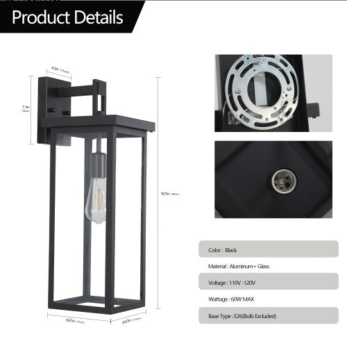 20inch Height Set Of 2 Modern Outdoor Wall Lanterns With Black Metal Frame And Clear Glass, Weatherproof Wall Sconces For Porch, Garage, Or Entryway Lighting, E26 Bulb Compatible No Bulbs - Hank Home Decor