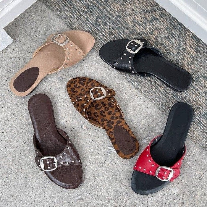 2026 Summer New French Style Buckle Slide Sandals Women Flat Leopard Print Beach Holiday Outdoor Slippers - Hank Home Decor