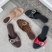 2026 Summer New French Style Buckle Slide Sandals Women Flat Leopard Print Beach Holiday Outdoor Slippers - Hank Home Decor