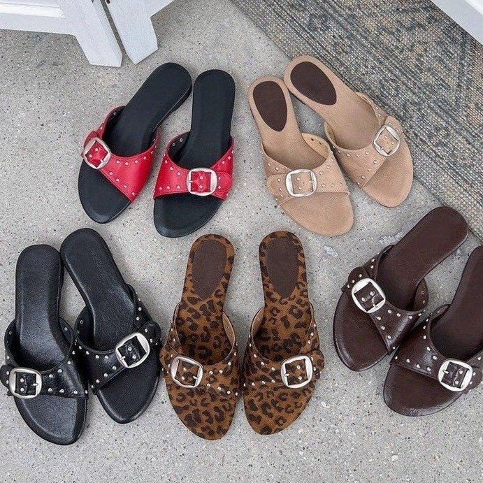 2026 Summer New French Style Buckle Slide Sandals Women Flat Leopard Print Beach Holiday Outdoor Slippers - Hank Home Decor