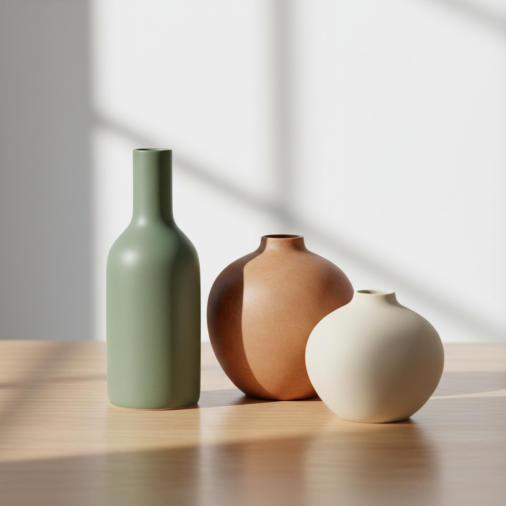 Set of three ceramic vases in ivory, sage, and terracotta with matte finish